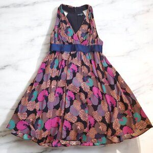 Betsey Johnson Dress Size 10 Halter Midi 100% Silk Colorful Floral Belted Lined